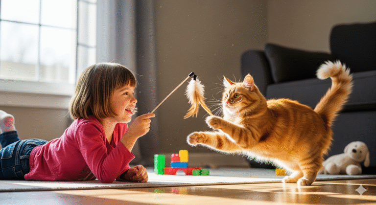 Dziewczynka bawi się z kotem.
