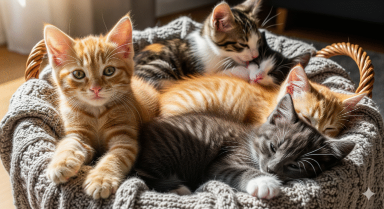 Małe kotki w koszyku.