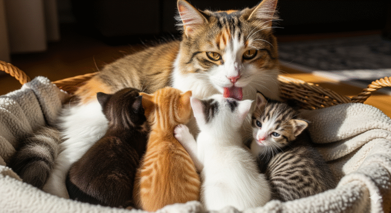 Kocia mama myje kocięta.