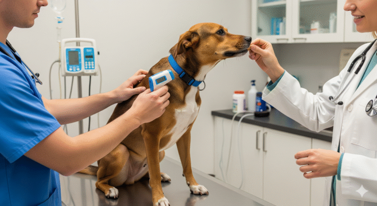 Obraz pokazujący mierzenie temperatury psa