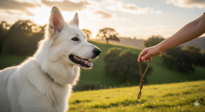 Obraz pokazujący właściciela przywołującego owczarka szwajcarskiego