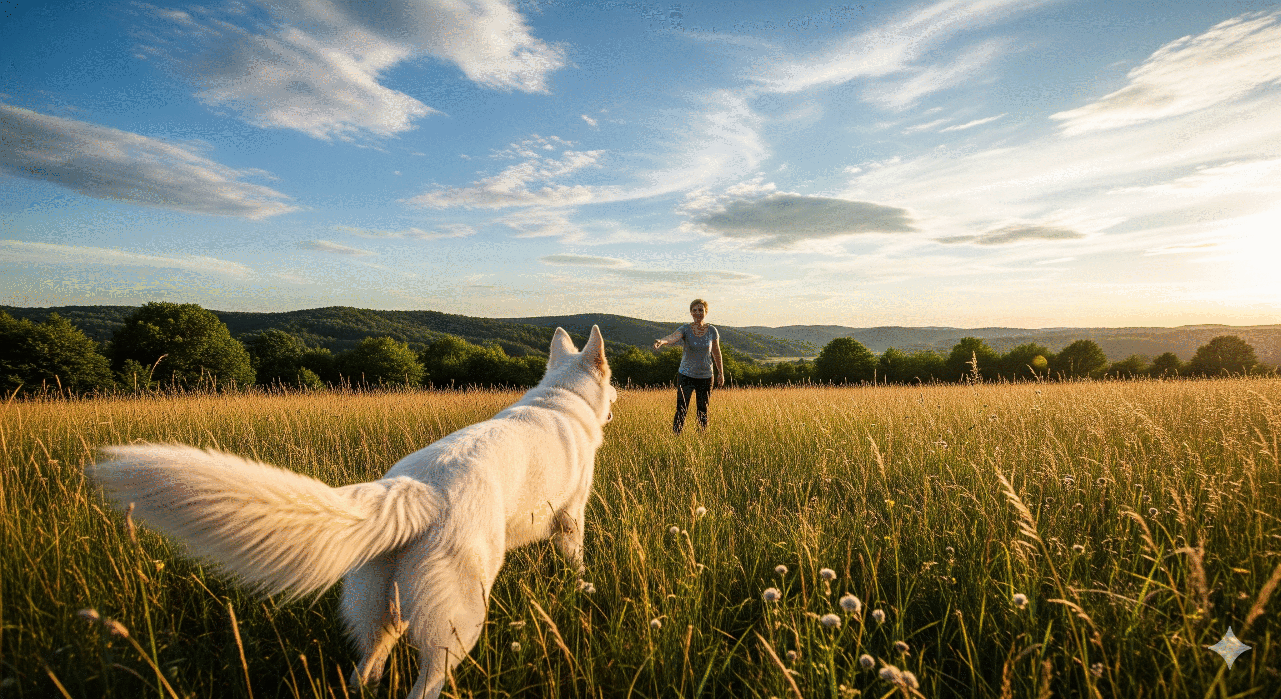 Obraz pokazujący właściciela wołającego owczarka szwajcarskiego z daleka