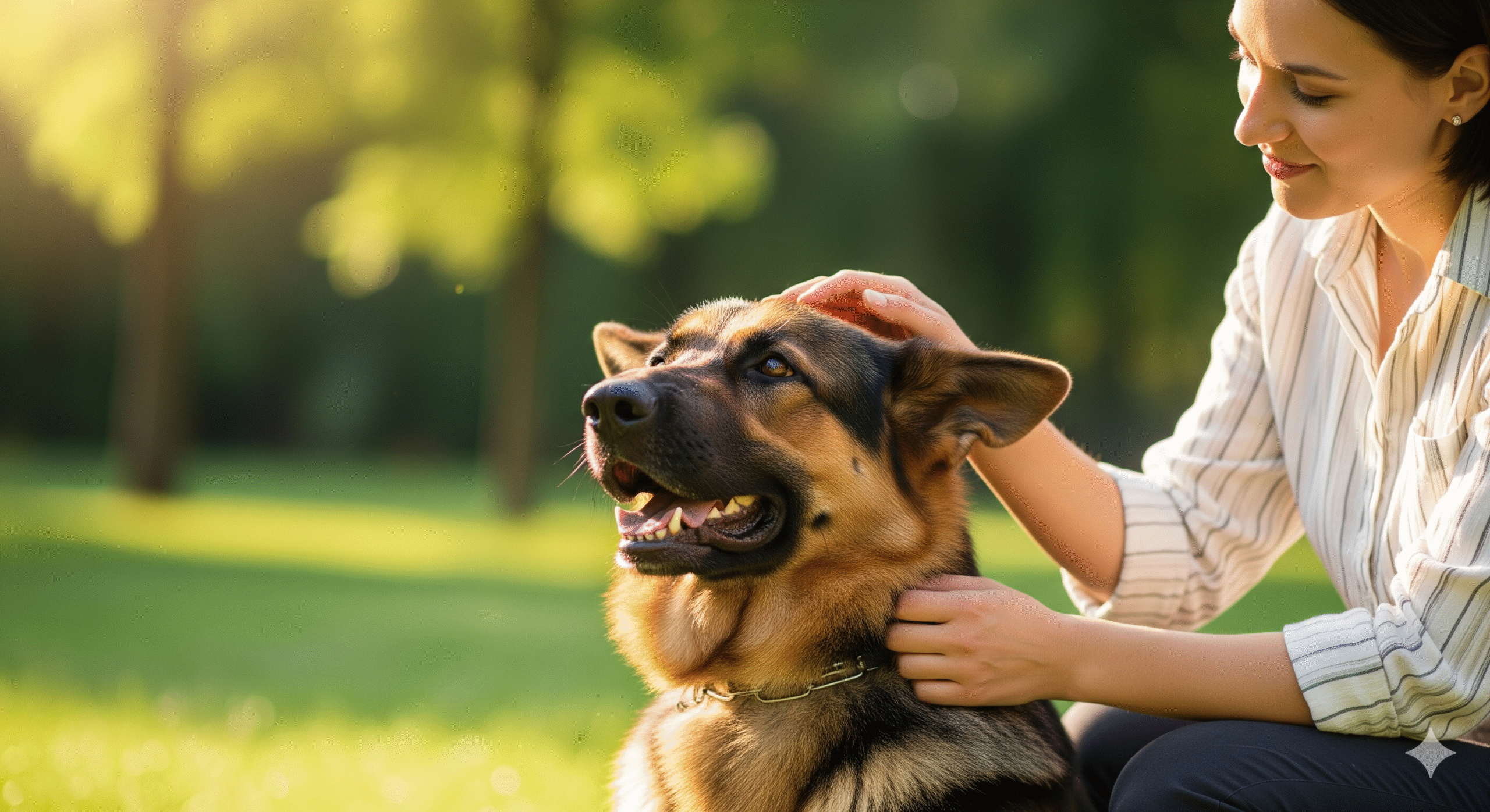 Obraz pokazujący właściciela głaszczącego swojego owczarka niemieckiego
