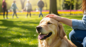 Obraz pokazujący właściciela głaszczącego swojego psa