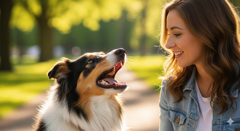 Obraz pokazujący szczekającego owczarka szkockiego do swojego właściciela